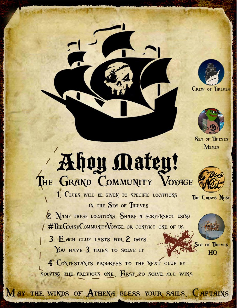 OGCrewOfThieves's tweet image. Hello #seaofthieves scallywags!

Who's ready and hyped for our contest with @CrowsNest_TCN @SeaOfThievesHQ and @seaofthievesmmz? Here is the full rulebook!

Don't forget to RT. You'll also need to enter the giveaway. Entries can be done @ rafflecopter.com/rafl/display/f…?

#bemorepirate