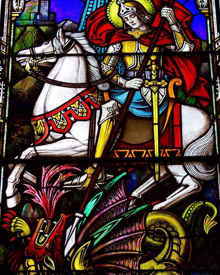 Happy #StGeorgeDay! Beautiful stained glass window of St. George from St. Peter Church in Volo, IL.