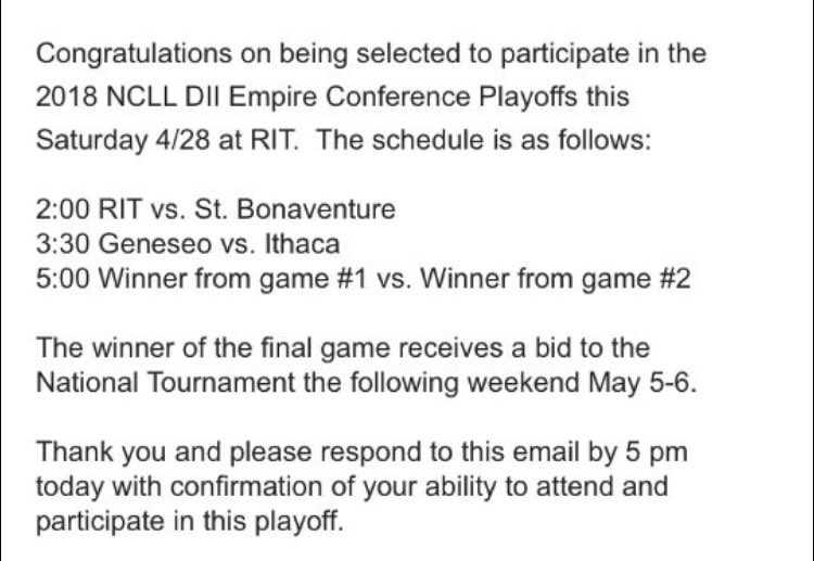 ICClubLax's tweet photo. Bombers are in the conference tournament! We will be playing Geneseo in the first round on Saturday 4/28 at 3:30 at RIT! #ICWHO #rollbombers #Reps https://t.co/YGccWBMpu8