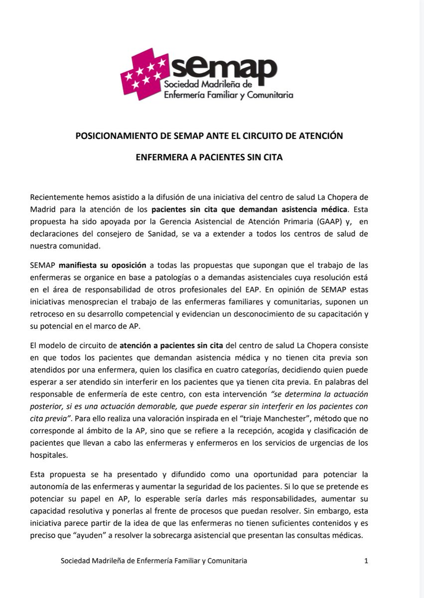 semap_'s tweet photo. SEMAP manifiesta su oposición a todas las propuestas que supongan que el trabajo de las enfermaras se organice en base a demandas asistenciales cuya resolución está en el área de responsabilidad de otros profesionales del EAP https://t.co/Lkw9b4UbWC
