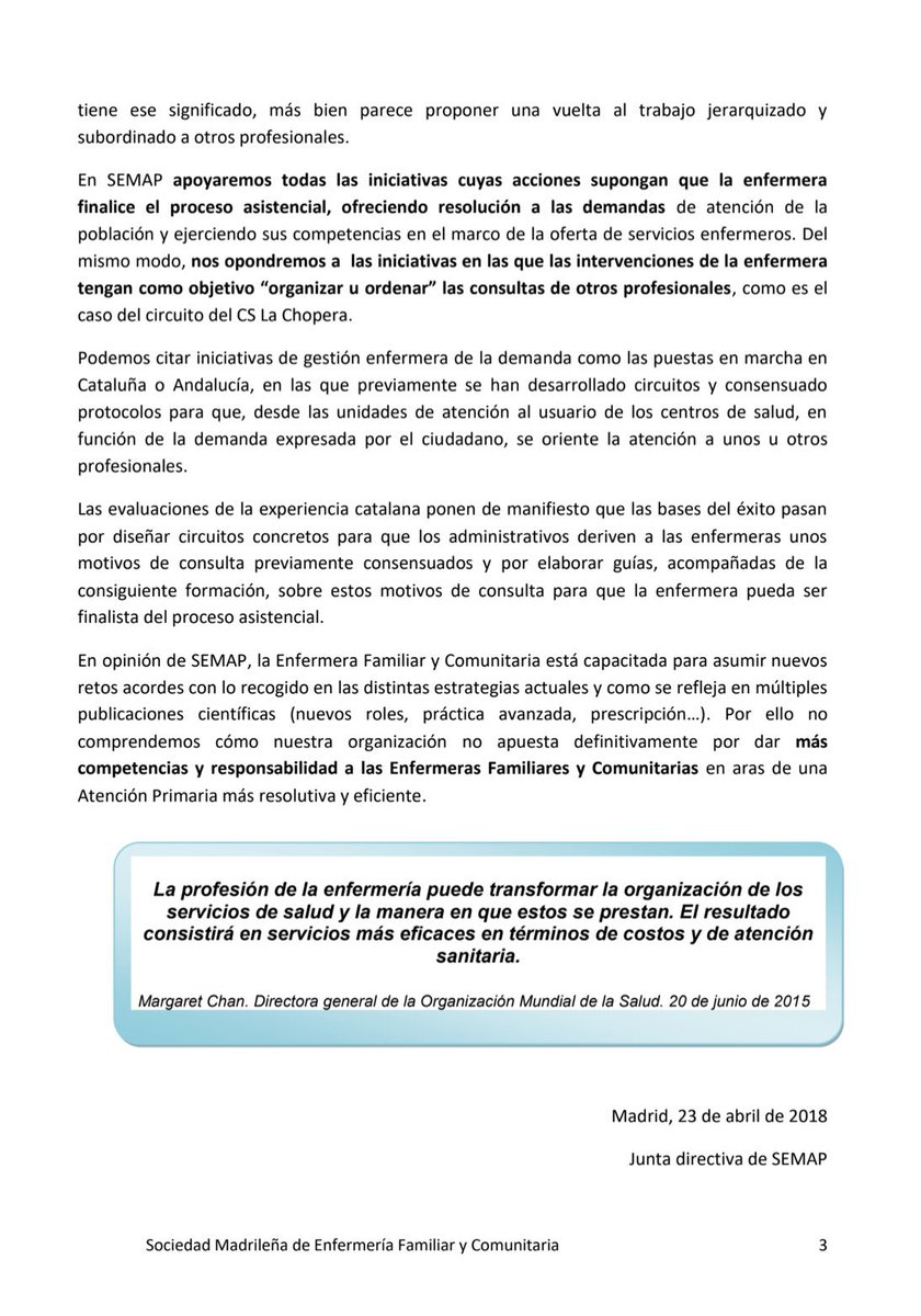 semap_'s tweet photo. SEMAP manifiesta su oposición a todas las propuestas que supongan que el trabajo de las enfermaras se organice en base a demandas asistenciales cuya resolución está en el área de responsabilidad de otros profesionales del EAP https://t.co/Lkw9b4UbWC