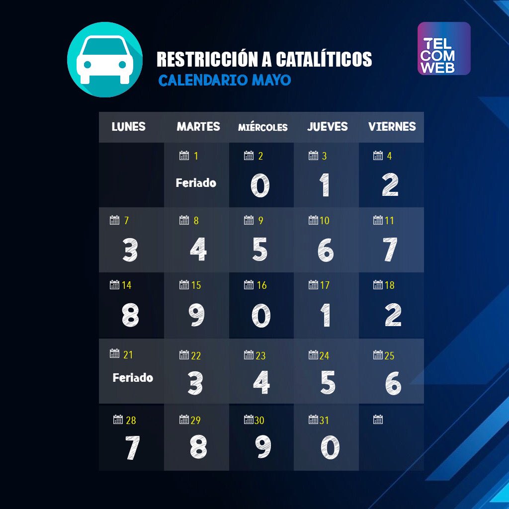 Telcomweb's tweet image. Comparte el calendario de la #Restricción vehicular para catalíticos en mayo. Detalles de la medida, en: telcomweb.cl/site/2018/04/2… #Telcomweb