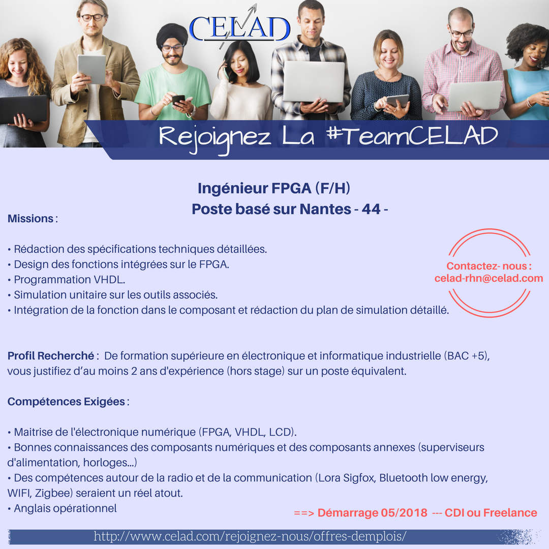 [ CELAD - #JOBOFFER] Nouvelle opportunité sur #Nantes 📍!!  
Nous recherchons pour un démarrage rapide un(e) #Ingénieur #FPGA  (F/H) ... 2 ans d'EXP min ! ➡️A vos CV's!!
Rejoignez la #TeamCELAD !!