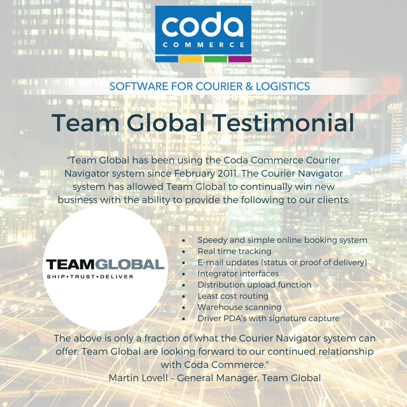 CodaCommerce's tweet photo. A client testimonial from @team_global who have been using Courier Navigator for over 7 years. #logistics #courier #software #TMS https://t.co/lxGKcBlW4u