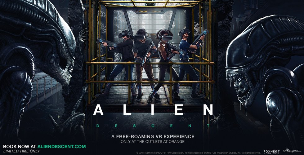 FoxNext's tweet photo. Who is heading to @OutletsatOrange to check out our first free-roaming VR experience opening this Thursday? I mean, if you are going to do this you have to do this in the Alien universe, right? https://t.co/RVWIJMKkxI #AlienVR https://t.co/Ffd13NfdXA