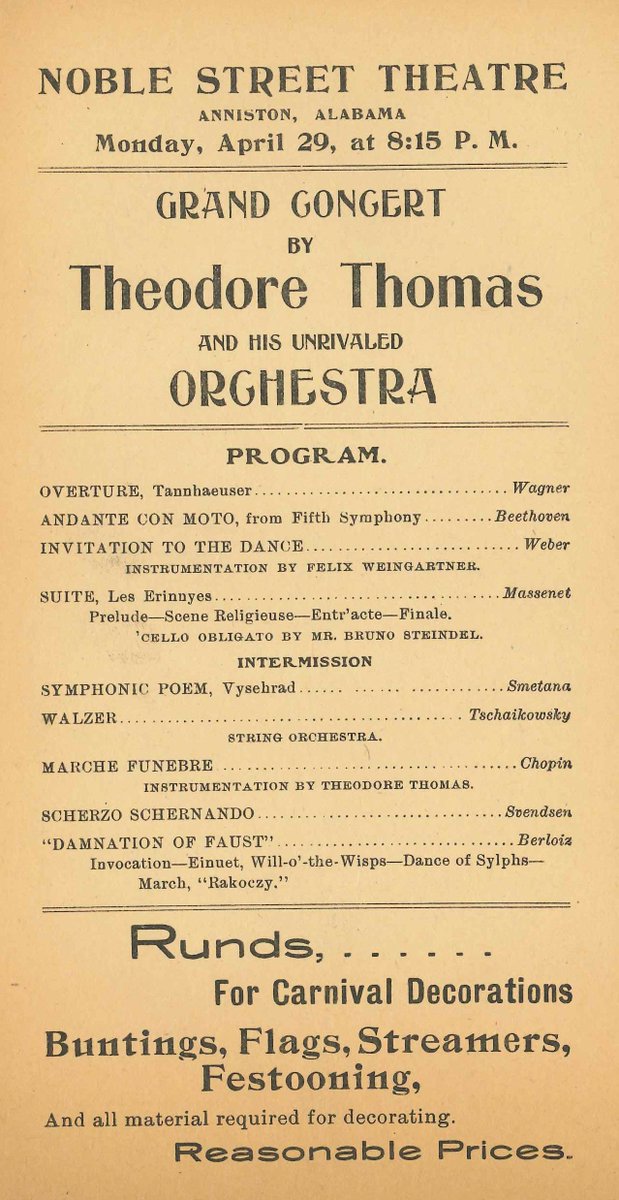 April 29, 1901: Theodore Thomas leads the <a href="/ChicagoSymphony/">Chicago Symphony Orchestra</a> in works by Beethoven, Berlioz, Chopin, Massenet, Smetana, and Wagner at the Noble Street Theatre in Anniston, Alabama.