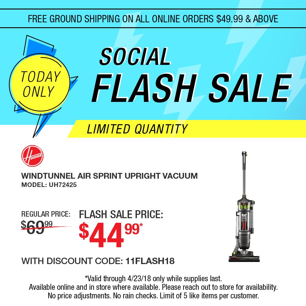 Monday's aren't so bad when there's a #FlashSale involved.  Grab this Hoover WindTunnel Air Sprint Upright Vac for #only $44.99 #todayonly.  Buy now and use coupon code 11FLASH18 at checkout:  directtoolsoutlet.com/hoover-wbd-air…