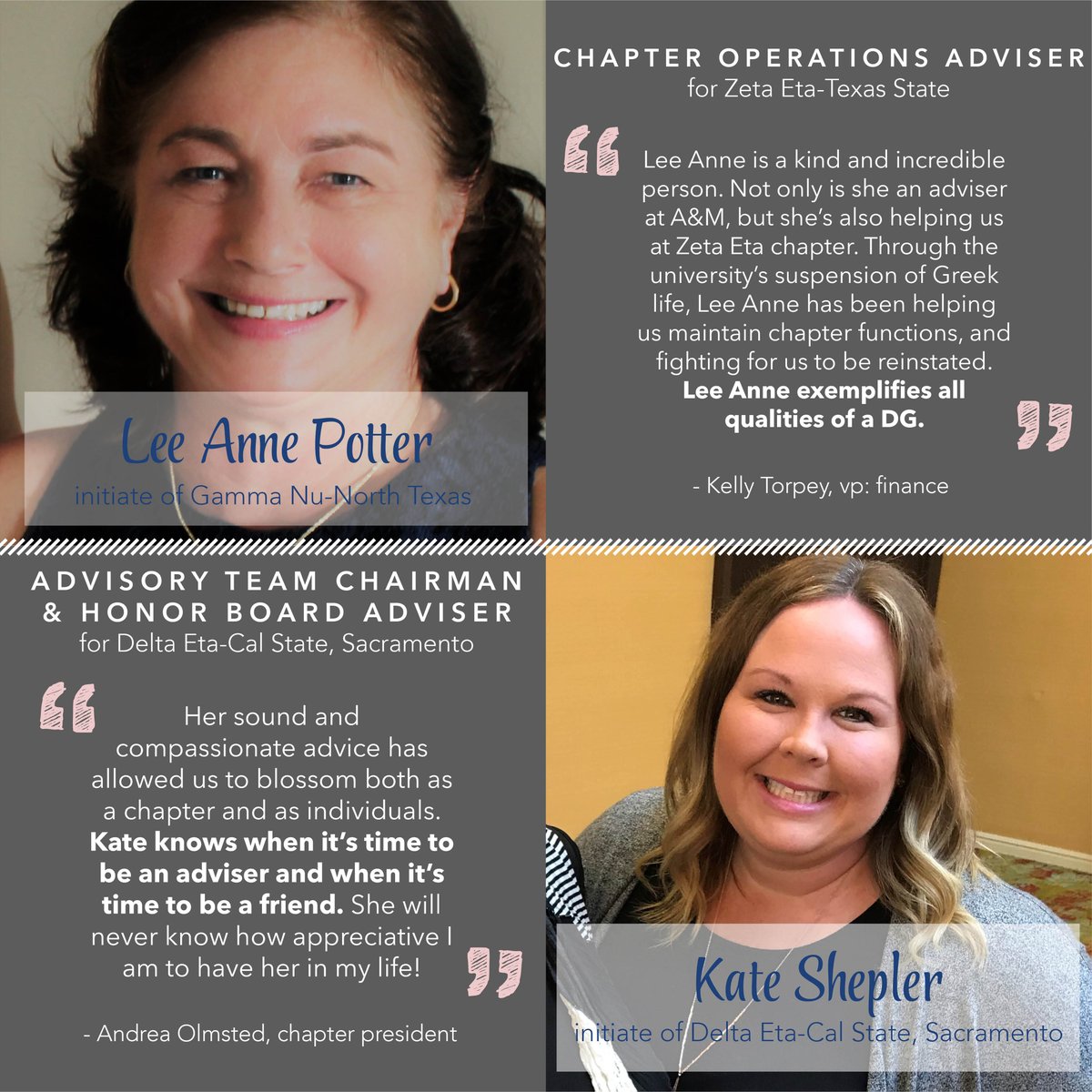Today <a href="/txstdg/">DELTA GAMMA</a> and <a href="/dgsacstate/">Delta Gamma☆Sac State</a> each tell us why they appreciate one of their advisers! #AdvisorAppreciationMonth #TYAdvisors