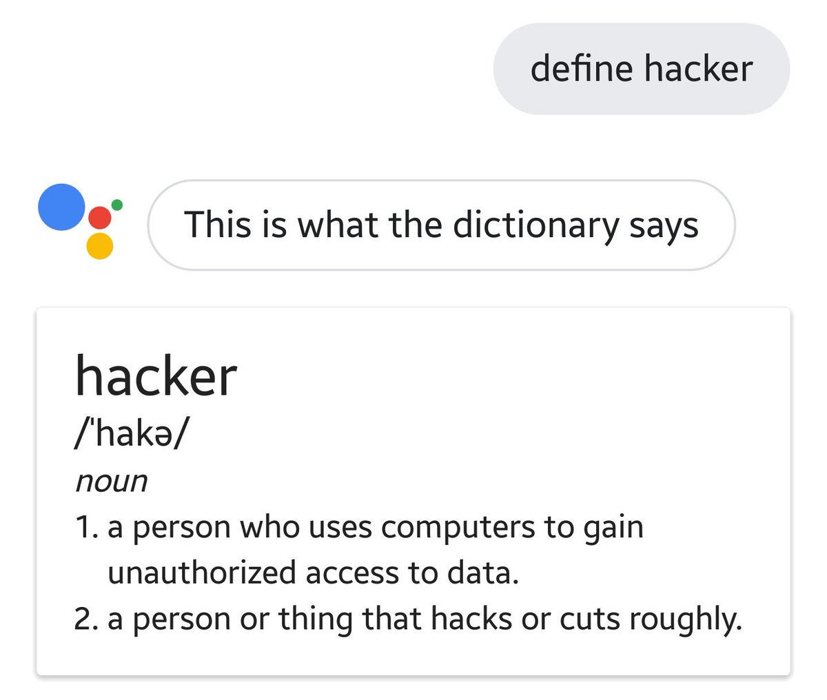 CodedNations's tweet photo. We're disappointed at @Google for having this as a definition, and you'd think they'd understand considering it's founders - themselves programmers aka hackers. Thank you @SearchSecurity for a better explanation of a #Hacker - we're #Born2Hack. https://t.co/gaB65LwJPz
