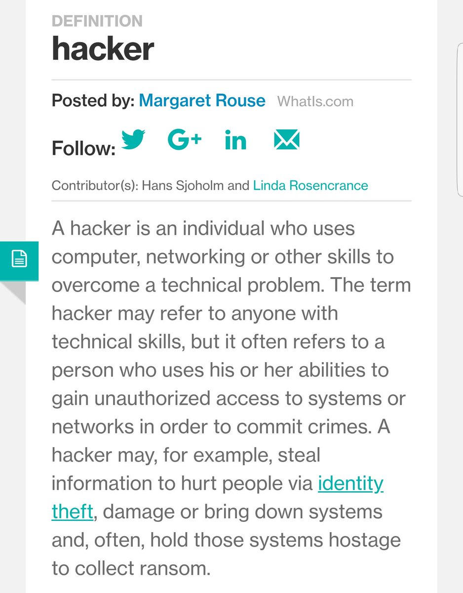 CodedNations's tweet photo. We're disappointed at @Google for having this as a definition, and you'd think they'd understand considering it's founders - themselves programmers aka hackers. Thank you @SearchSecurity for a better explanation of a #Hacker - we're #Born2Hack. https://t.co/gaB65LwJPz