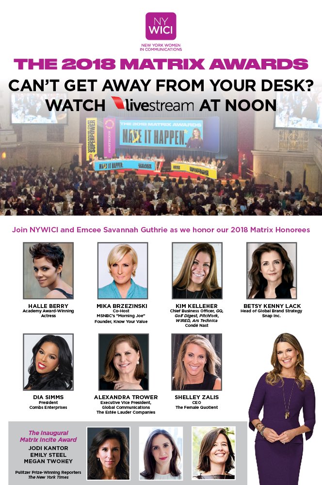 rodeenas's tweet image. NYWICI Matrix Awards today! Watch @Livestream today at noon. #matrix18 #womenheard