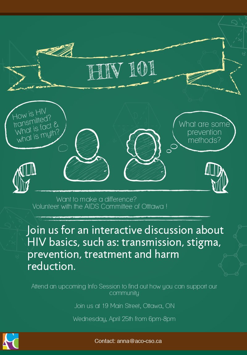 Want to make a difference? Volunteer with the AIDS Committee of Ottawa ! Join us Wednesday, April 25th from 6pm-8pm for an interactive discussion !