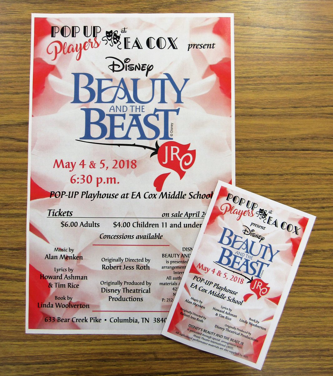 MCTC87's tweet photo. Thanks, @CoxMiddle Pop Up Players and @DirectorJDavis , for using @MCTC87 for the design and printing of your promo materials and program. We know you will give a great performance of Beauty and the Beast, Jr. @MauryCoSchools @lcolgainesy https://t.co/aXFtIy1zwQ