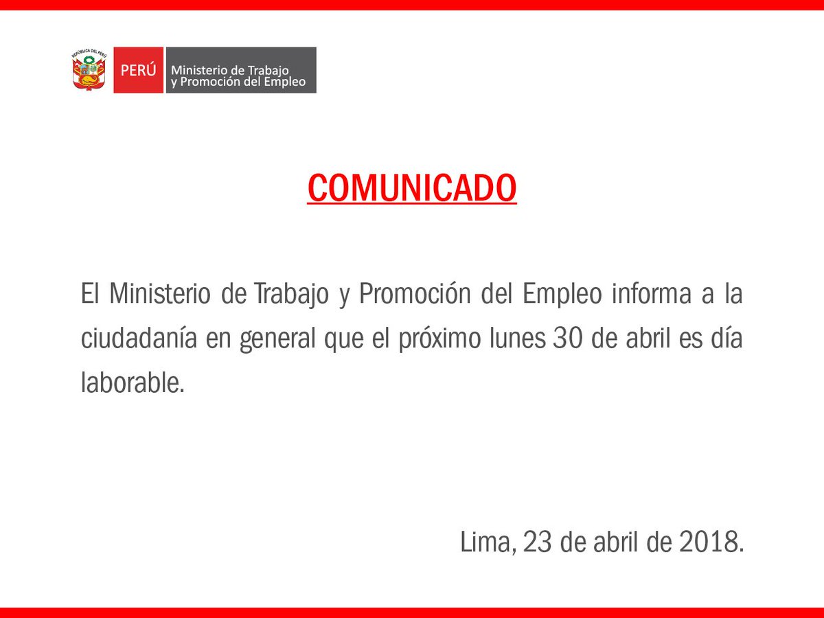 MTPE_Peru's tweet photo. #Atención │El @MTPE_Peru emite el siguiente comunicado👇 https://t.co/PBOCh8oTRL