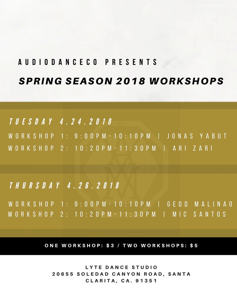 audiodanceco's tweet photo. Wsup everyone!! :) Come thru and get that training in with @audiodanceco Spring Season 2018 workshops!
...
Full Workshop Schedule: Peep the lineup! Much love and thank you to Jonas, Ari, Gedd, and Mic ❤️ #tisdancingtime #finnalit https://t.co/d7TLxTIrd4