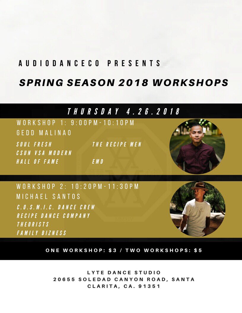 audiodanceco's tweet photo. Wsup everyone!! :) Come thru and get that training in with @audiodanceco Spring Season 2018 workshops!
...
Full Workshop Schedule: Peep the lineup! Much love and thank you to Jonas, Ari, Gedd, and Mic ❤️ #tisdancingtime #finnalit https://t.co/d7TLxTIrd4