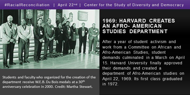 1969: Harvard creates an Afro- American studies Department. After a year of student activism and work from a Committee on African and Afro-American Studies, student demands culminated in a March on April 15. Harvard University finally approved their demands and created a department of Afro-American studies on April 22, 1969. Its first class graduated in 1972.