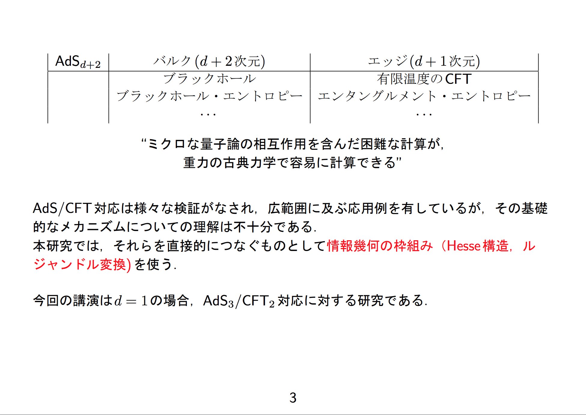 Yusuke Hayashi 林祐輔 鈴木先生 松枝先生の共同研究 Ads Cft対応を基礎付ける鍵として 情報幾何の枠組み Hesse構造 ルジャンドル変換 を導入 Hesseポテンシャルから Adsの ブラックホール計量とcftのentanglement Entropyが導出できることを示し