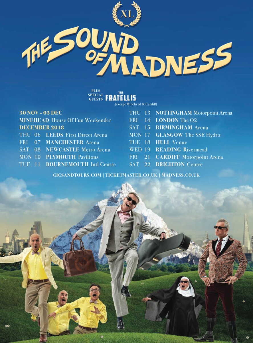 Better_Reading's tweet photo. “THE HILLS ARE ALIVE WITH THE SOUND OF MADNESS!!” Britain’s favourite pop band Madness will be embarking on a major UK arena tour and will be joined by special guests The Fratellis this December at Rivermead Leisure Complex. Hit the link below 🎵 https://t.co/QZx0wbrQvA https://t.co/BqKMZnsguM