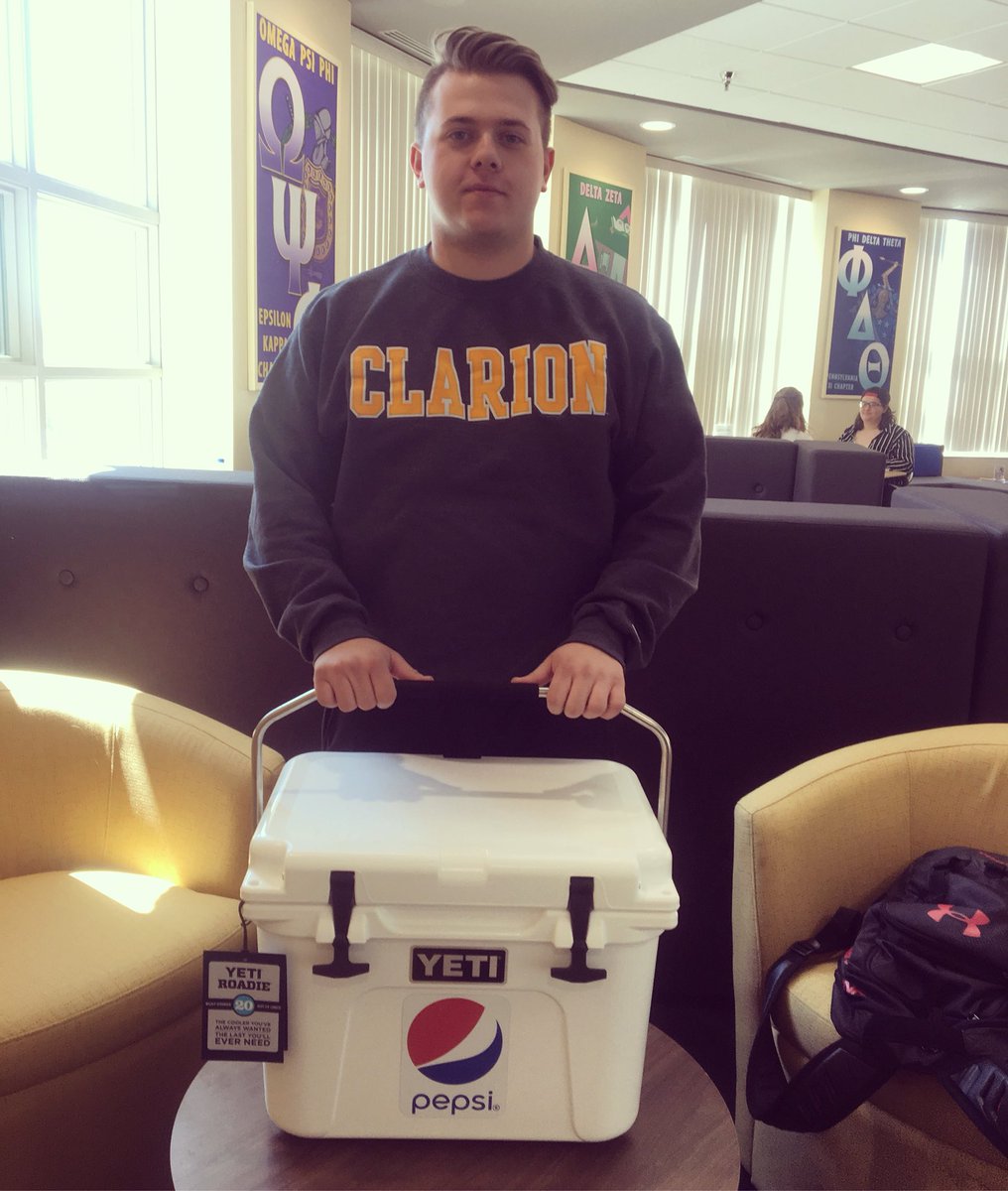 PepsiClarion's tweet photo. One Yeti down, one more to go! Joe just picked up the Gemmell Yeti, and we’ll be announcing the winner of the Campusfest Yeti tonight on the C&amp;A Showdown on 91.7 WCUC! https://t.co/ZfWehor2Bu