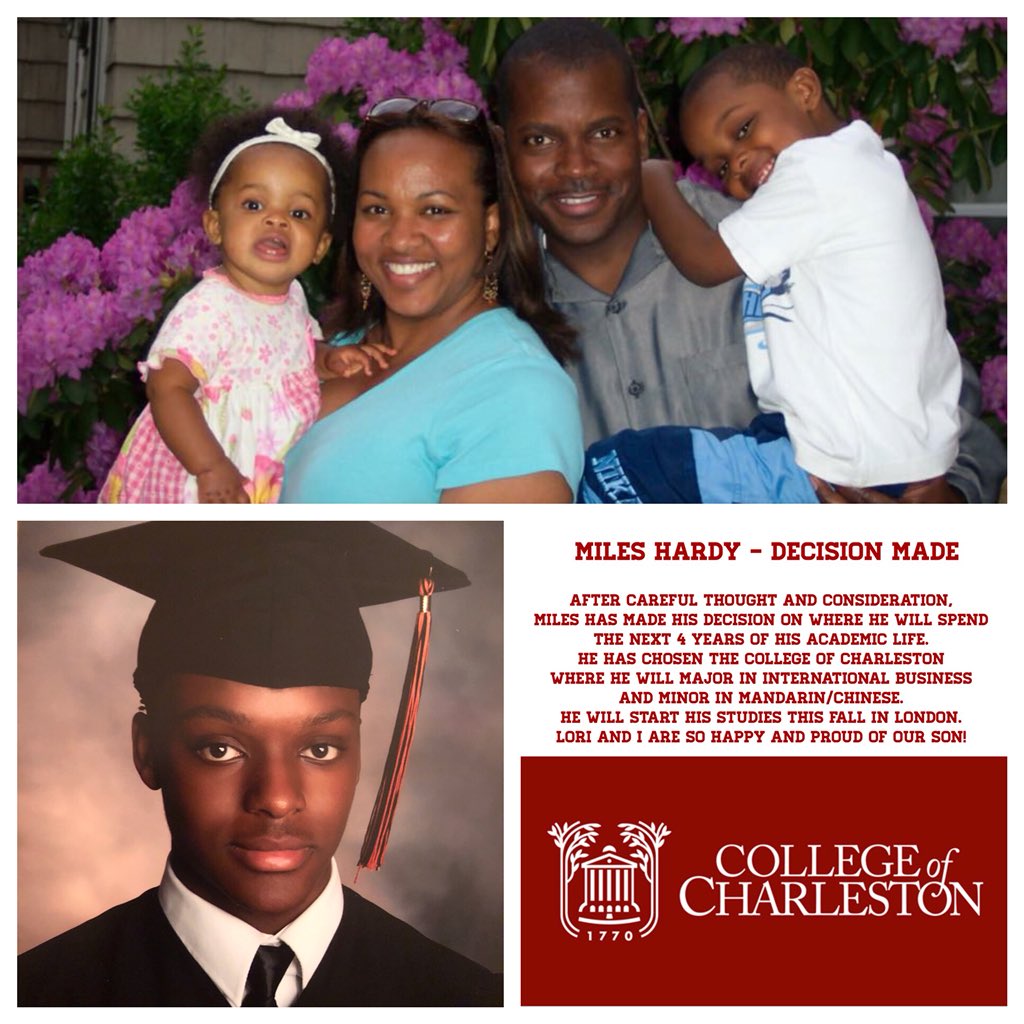 Wadoo's tweet photo. @LoriPH and I are so proud of @milesh25 for choosing @cofc_ichs @CofC. He is putting aside basketball to pursue his academic dreams of a degree in International Business with a minor in Mandarin. #WPProud First stop #London https://t.co/Hdi627AeJl