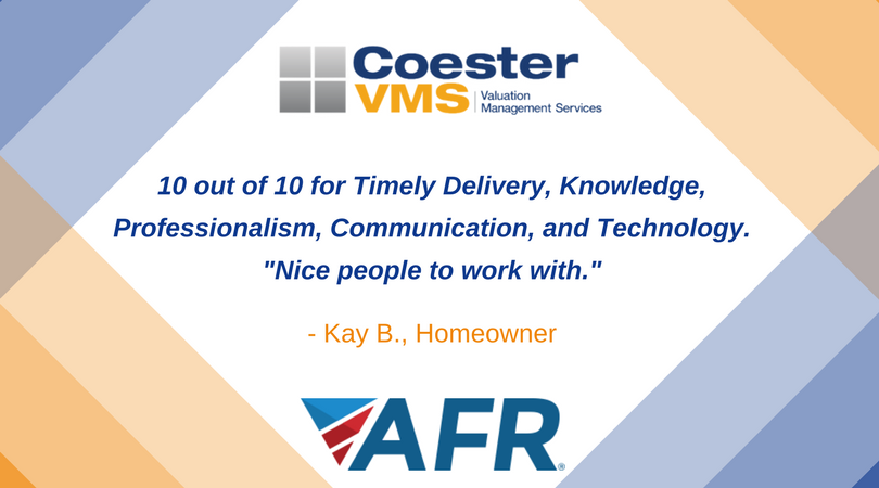CoesterVMS's tweet photo. Thank you Kay B. for the positive review! We are glad we were able to be a part of your appraisal experience, and look forward to our continuing partnership with @AfrWholesale #CoesterVMS #AFR #ThankYou #PositiveFeedback https://t.co/9Z5QLog5Vd