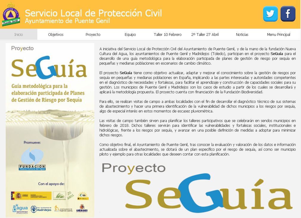 Próximo viernes 27 de abril celebraremos el 2º Taller #Participativo para la elaboración de un Plan de Gestión de Riesgos 
por #Sequía con <a href="/P_SeGuia/">Proyecto Seguía</a> <a href="/fncagua/">Nueva Cultura Agua</a> <a href="/AytoPuenteGenil/">Ayuntamiento Puente Genil</a> <a href="/Egemasa/">Egemasa</a> <a href="/spcPG/">Servicio de Protección Civil</a> bit.ly/2HZ0cLL