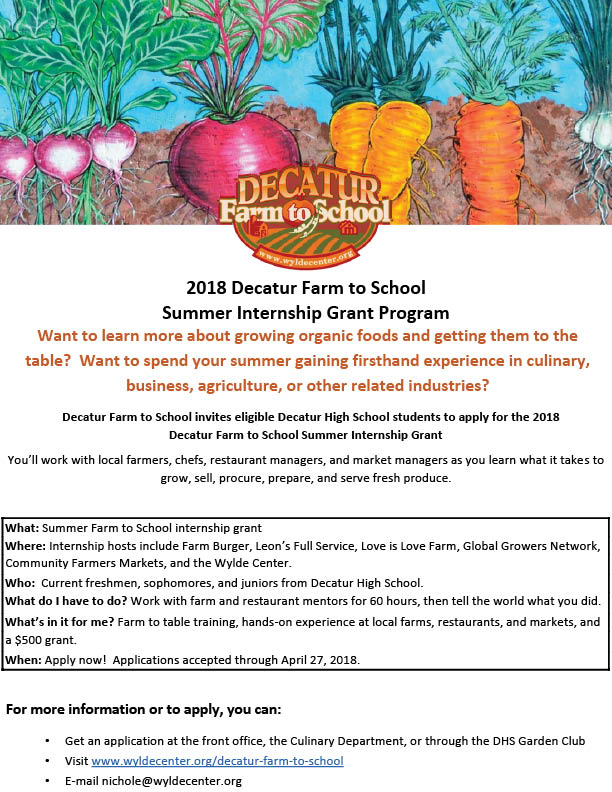 Open to Decatur High School students, the deadline for the summer Decatur Farm to School internship program is this Friday, April 27.  Includes a stipend.

wyldecenter.org/wp-content/upl…  #farmtoschool  #decaturga #ourkids