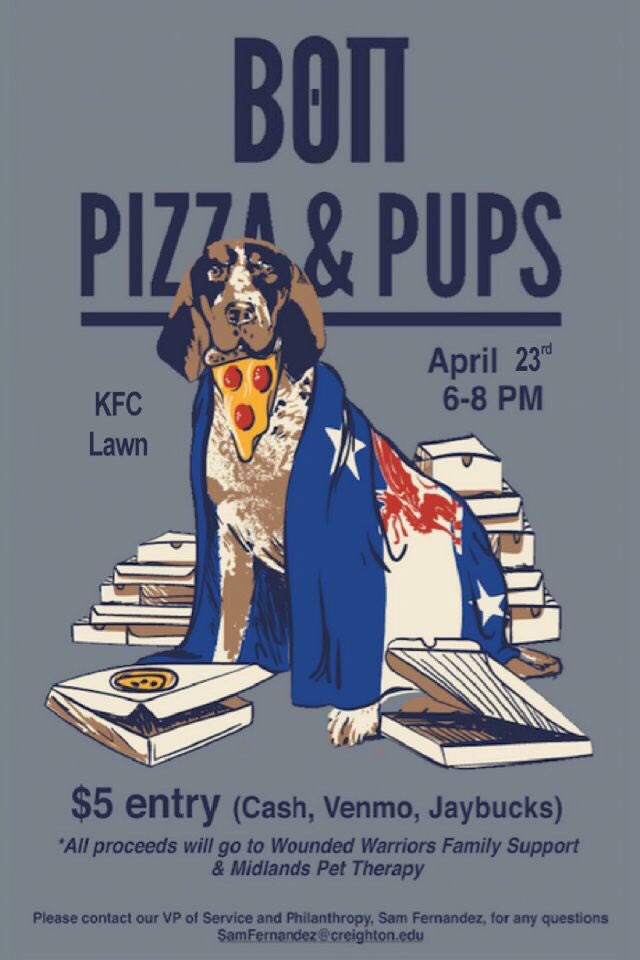 BetaCreighton's tweet photo. As most of you know, our Pizza &amp; Pups event a few weeks ago had to be rescheduled at the last minute. Luckily, this event will now be happening TONIGHT from 6-8 on the KFC Lawn! Stop by, eat some pizza, pet some pups, and relax before the craziness of dead week kicks in! 🍕🐶 https://t.co/my6YrukAAM
