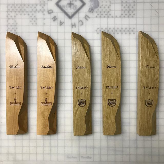 Finished #taphandles for <a href="/tagliopizza/">TaglioPizza</a> <a href="/platformbeerco/">Platform Beer Co.</a> <a href="/fiftywestbrew/">Fifty West Brewing</a> #designbuild #cnc #oak #cherry #wood #facets #laseretched ift.tt/2Jlnyuv