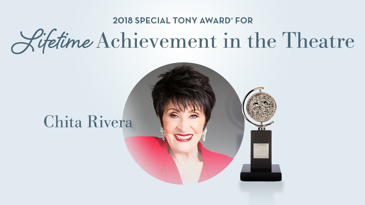 TheTonyAwards's tweet photo. Join us in congratulating two-time Tony Awardยฎ winner and Broadway legend @Chita_Rivera! Sheโll receive a Special Lifetime Achievement Tony Award this year. https://t.co/gYiqfzlwHt #TonyAwards2018 #ThisIsBroadway https://t.co/SJ7wjaYByV