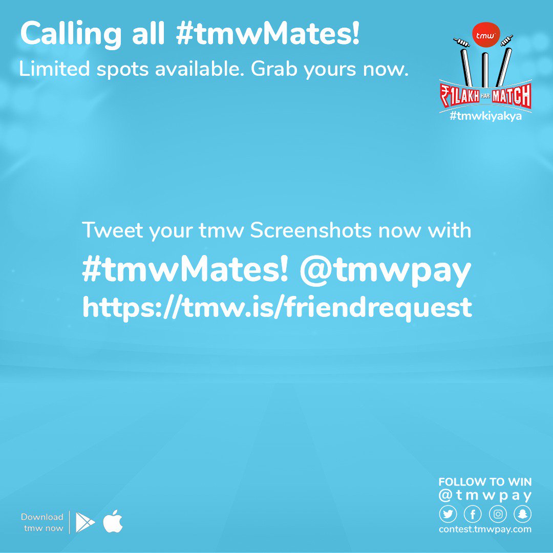 Because sharing is caring! Ask your friends to show some love by installing the <a href="/tmwpay/">tmw fintech pvt ltd.</a> app from 👉🏻 tmw.is/friendrequest 👈🏻 and use the referral code.

Tweet us your home screen screenshot and also of your #tmwmates and you both win ₹100 each 🤝 
#Contest #tmwkiyakya #T20