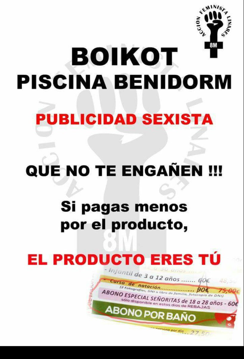AccionLinares's tweet photo. Desde Acción Feminista Linares llamamos al boikot total a esta piscina por su actitud sexista. ¡Las mujeres no somos producto! ¡Las mujeres no somos objetos! https://t.co/kkuCk8M2ez