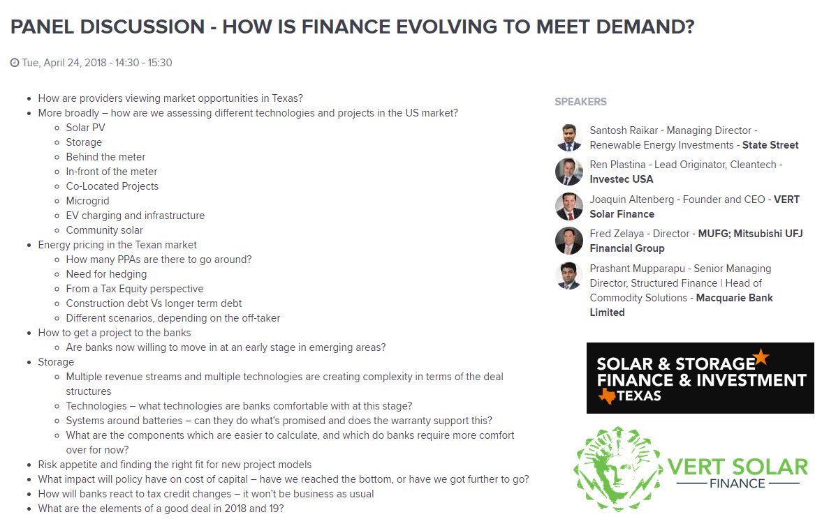 VERTSolar's tweet photo. Are you a developer or installer with a commercial solar project wondering, "HOW IS FINANCE EVOLVING TO MEET DEMAND?" Come to Solar &amp; Storage Finance &amp; Investment Texas tomorrow to hear our CEO @jaltenberg and panel guests discuss just that https://t.co/mGFYQMrUAb @_SolarEnergy https://t.co/zeVcmCaXcu