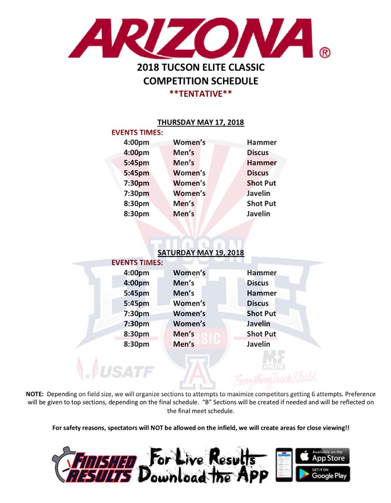 nationalthrows's tweet photo. Tucson Elite Throws Classic Meet Information, May 17 &amp; 19. Sponsored by @EverythingTF, #MFAthletic, @nationalthrows 

Tremendous fields in all throwing events lined up! How many NCAA, National, &amp; World Records will be set at this year’s meet?
#shotput #discus #hammer #javelin https://t.co/rcdTXWcTxF
