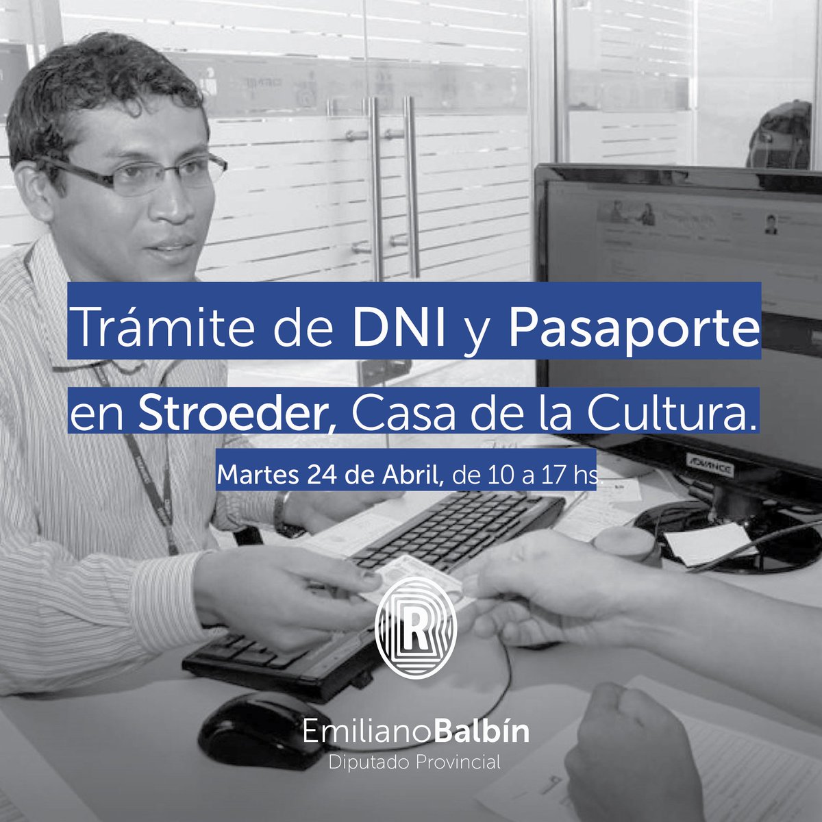 EmiBalbin's tweet photo. ATENCIÓN vecinos de STROEDER
El  martes 24-abril podes hacer tus trámites de DNI y Pasaporte en el puesto móvil del @renaper_ar 
Casa de la cultura, de 10 a 17hs.
Para conocer los trámites que podes hacer y qué papeles llevar ingresá en 
👉https://t.co/mJSLjY86sR https://t.co/gyi5gU4Dd1