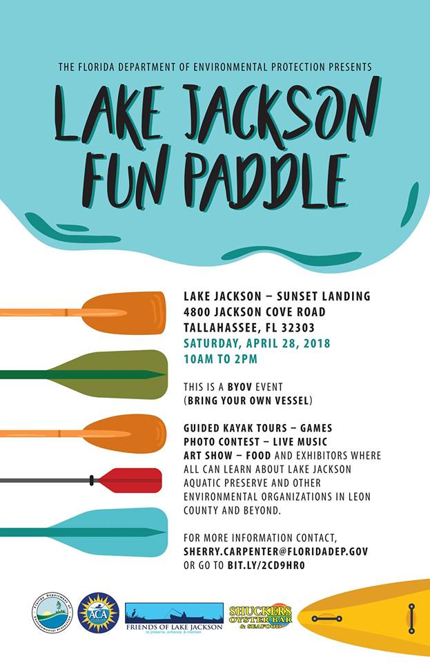 Don't forget! DEP's Lake Jackson Aquatic Preserve is hosting a Fun Paddle this Saturday, April 28! Enjoy guided kayak tours along Lake Jackson (participants must bring their own vessel), games, a photo contest, live music, an art show, food and more!