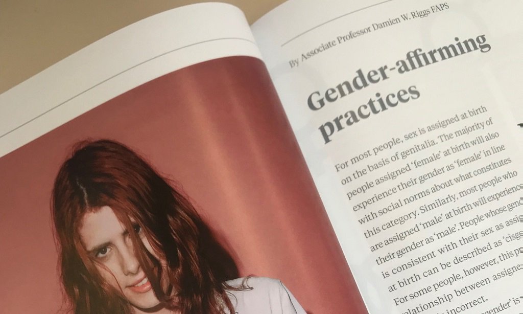 AustPsych's tweet photo. Gender-affirming practices feature article by @DrDamienRiggs. The role of psychologists working with gender-diverse people. Check out the April edition of #InPsych. https://t.co/94OvhA68rx