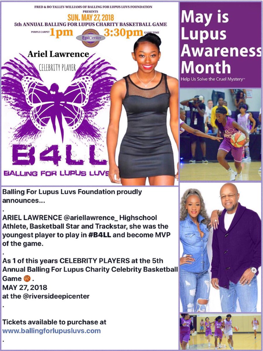 ariellawrence_'s tweet photo. come out and support me in my 2nd celebrity charity game #ballingforlupus on may 27💜 if you come out, wear purple. if you can’t, you can still donate. donations/tickets @ https://t.co/RKxURhIiMc it’s for a great cause💜 https://t.co/G0NjFGLRPN