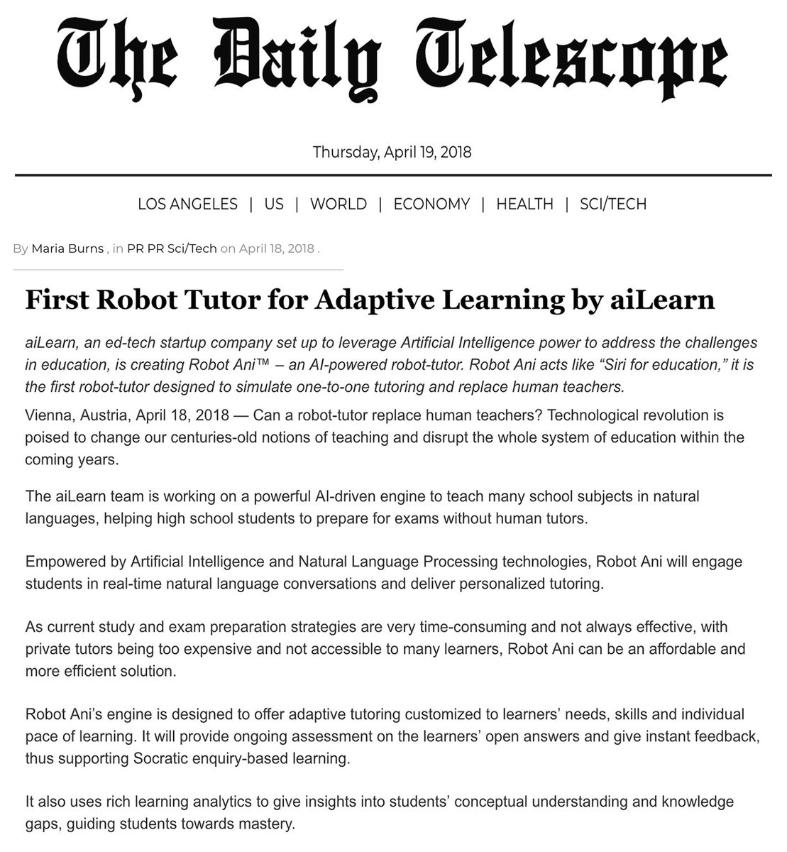 ailearn_co's tweet photo. We are featured in Los Angeles The Daily Telescope!
https://t.co/MFgsYmyRJN https://t.co/J8P5AWcAEc