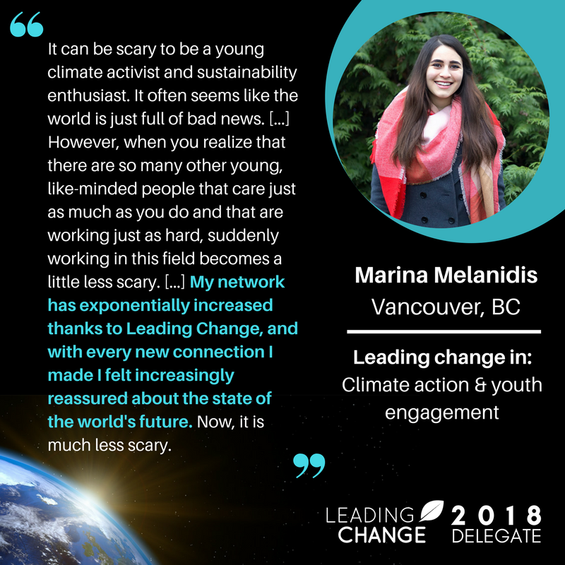 LeadingChangeCa's tweet photo. .@LeadingChangeCa aims to elevate the profiles of talented youth change-makers & shine a spotlight on the causes they're working on. #LeadChange18 delegate @marinamelanidis is the Co-Director of @climate_guides and is helping youth connect w/ mentors and support on #climatechange https://t.co/UTMUO3G8dx