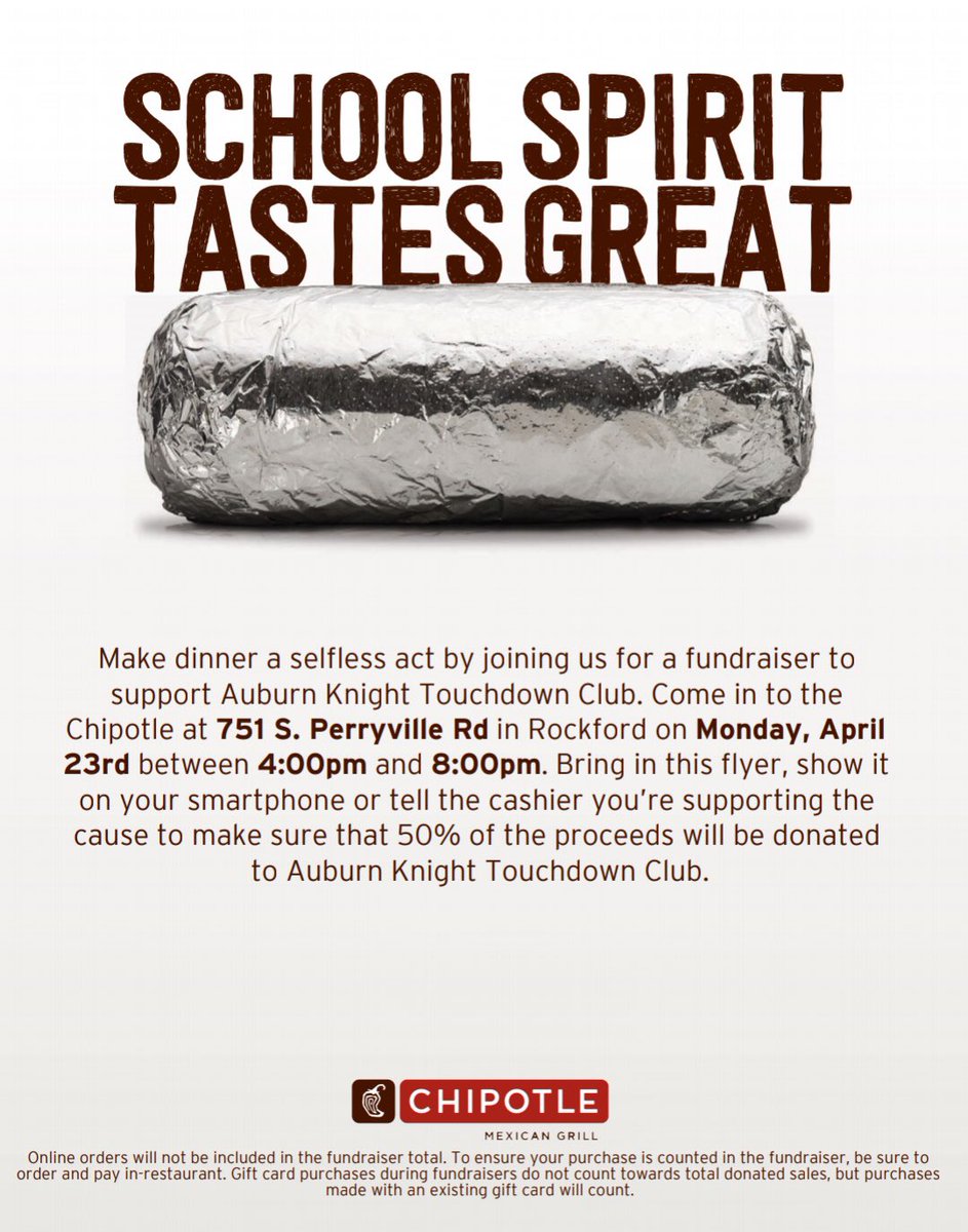 Auburn_AD's tweet photo. What’s for dinner?!? Make it a @ChipotleTweets burrito and support @AuburnKnightFB 4:30-8:00pm tonight.  Show this flyer or state your supporting the cause to ensure 50% proceeds come back to the program. Thank you for your support! https://t.co/0DzksS3wfH