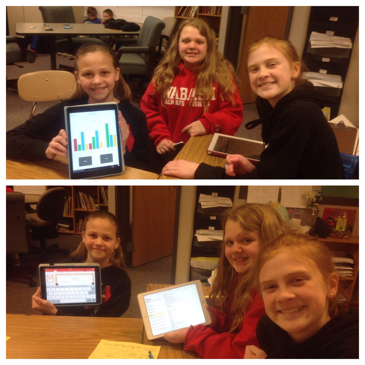 udgibson's tweet photo. T, "What you girls working on?"
Ss, "We made this graph with our data."
T, "Oh, cool!  Tell me about it!"
Ss, "We used these notes to make the graph to use in our powerpoint presentation."
Ss and T all smile. . . https://t.co/hdGdUi1r3x