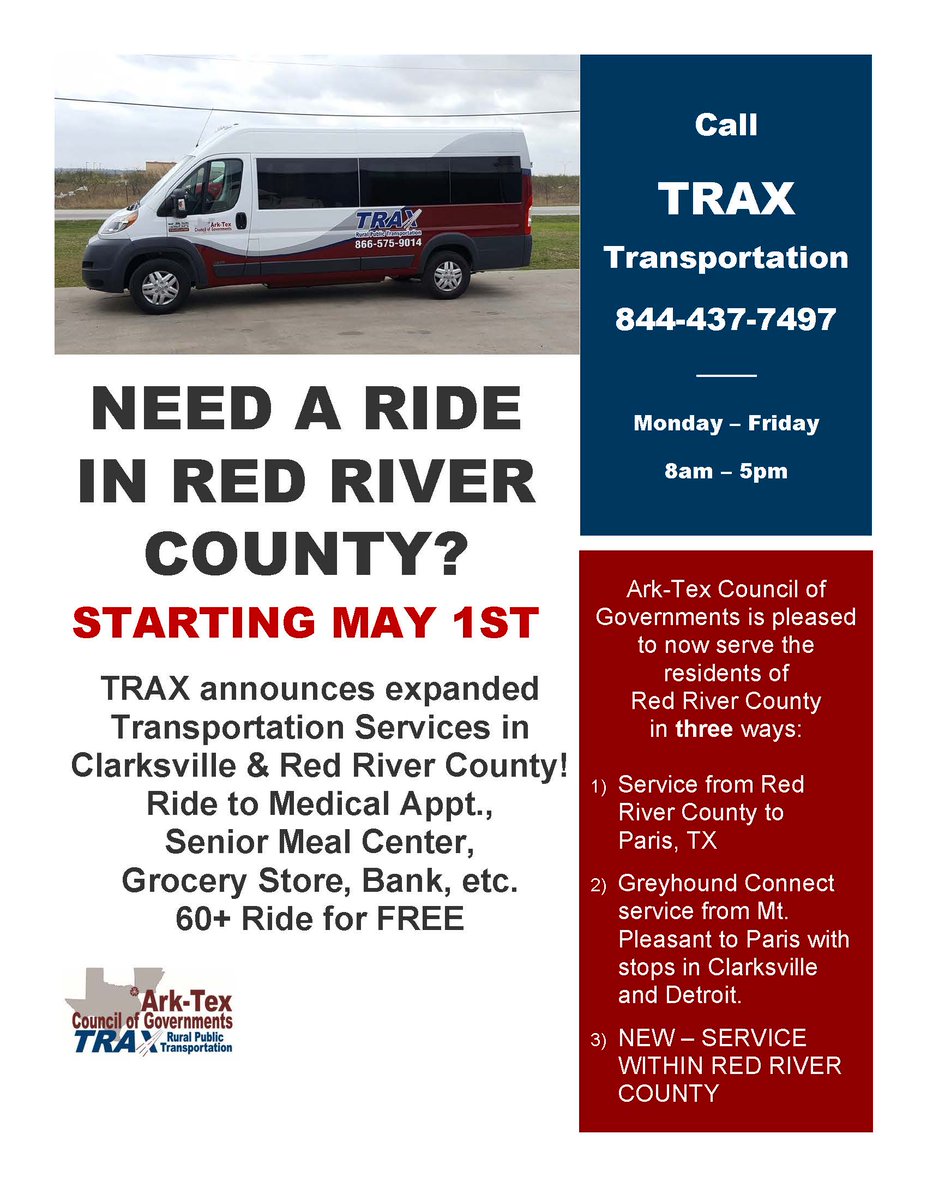 ArkTexCOG's tweet photo. Effective May 1, TRAX is expanding services within Red River County.  Call to schedule your ride today! https://t.co/84kl5CpdEy