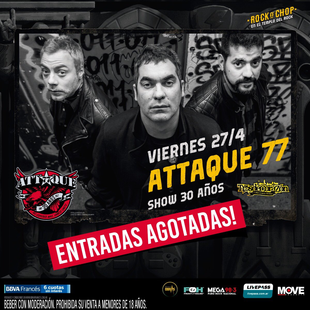 🔥¡ <a href="/attaque77ok/">Attaque 77 Oficial</a> en el @estadioobras AGOTADO! ¡Nos vemos el viernes en el #RockNChop de <a href="/CervezaIsenbeck/">Cerveza Isenbeck</a> 

⚠️ Recordá que no se venderán entradas el día del show. Aquellos que necesiten retirar sus tickets podrán hacerlo en la boletería del estadio.