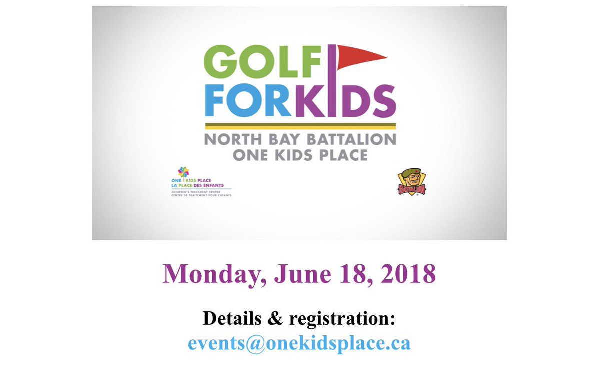OneKidsPlace's tweet photo. Registration is open for the 2018 Golf For Kids Event! You don’t want to miss out, space is limited! 🏌🏽‍♂️🏌️‍♀️ Just email events@onekidsplace.ca for all details @NorthBayGCC @OHLBattalion https://t.co/8t3ZK3cHWq