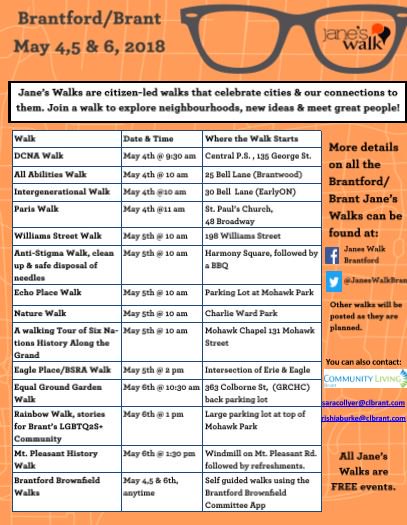 JanesWalkBrant's tweet photo. Have you heard about Jane's Walk yet?! @ParisDowntown @TheParisStar @BScenePaper @TheBellCityBeat @TheExpositor @BrantLife @brantlibrary There is something for everyone! May 4,5 and 6th #JanesWalkBrant https://t.co/LG0m5OoPfk