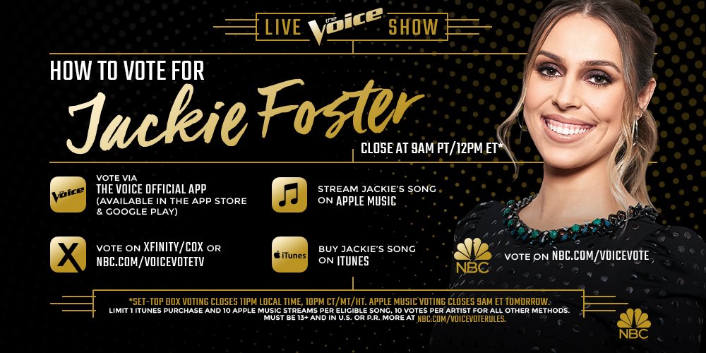 The Voice (@nbcthevoice) on Twitter photo Is rocker queen <a href="/itsjackiefoster/">Jackie Foster</a>’s performance winning your votes? 👑 RETWEET to let her know! #VoiceTop11 Is rocker queen <a href="/itsjackiefoster/">Jackie Foster</a>’s performance winning your votes? 👑 RETWEET to let her know! #VoiceTop11