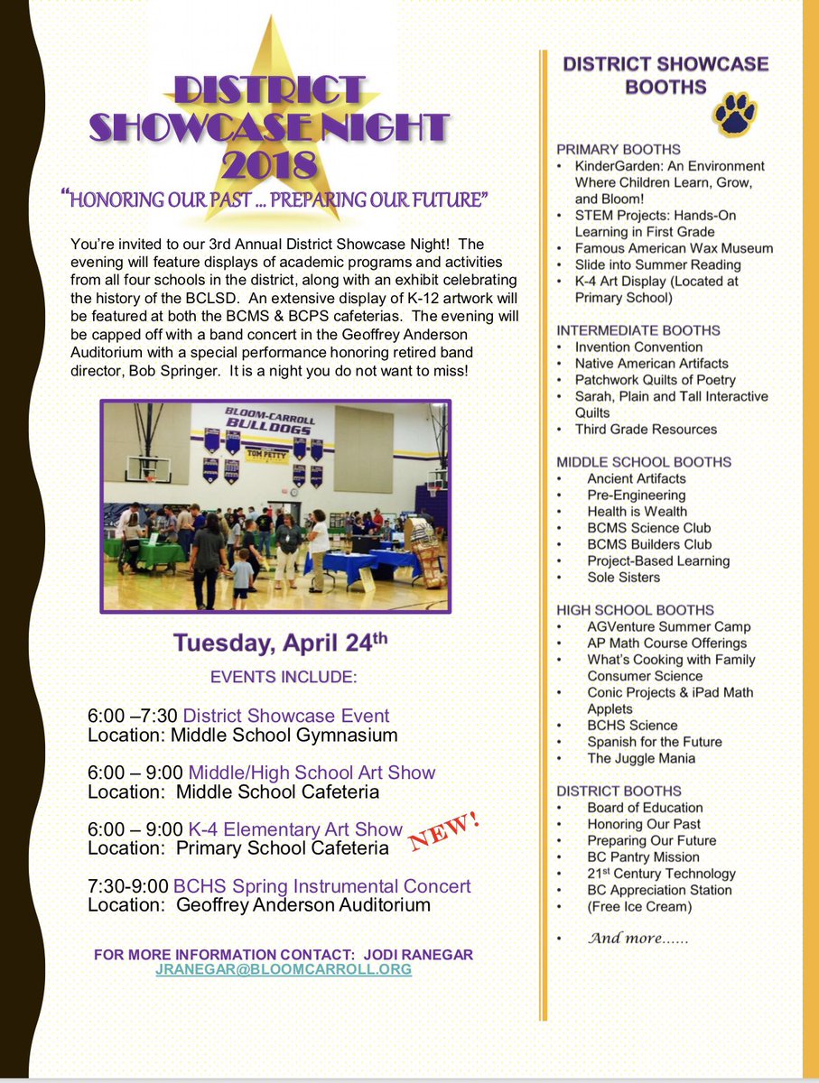 BloomCarrollLSD's tweet photo. You’re invited to our 3rd Annual District Showcase Night ~ Tuesday, April 24th beginning at 6PM! The evening will feature over 30 displays of academic programs & activities from all four schools, along with an exhibit celebrating the history of the BCLSD. #bcpride #bcwows https://t.co/XEBIUbYYf7
