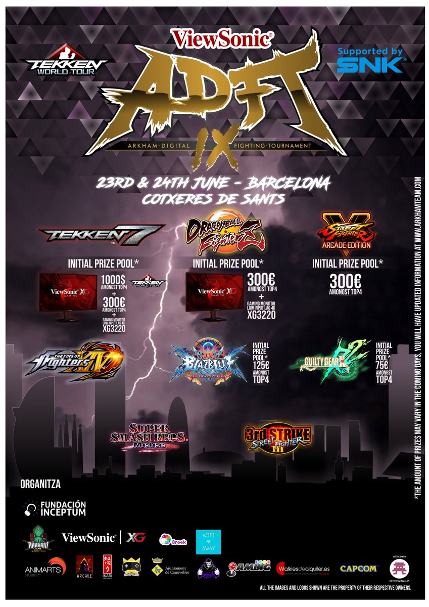 ArkhamTeam's tweet photo. ¡El 23 y 24 de junio tienes una cita en Les Cotxeres de Sants! El #ADFTIX ya está aquí, en plena Barcelona capital. ¡Pronto se abrirán inscripciones! #Tekken7 (TWT Challenger), #DragonBallFighterZ, #GGXrdREV2, #BBCF , #KOFXIV, #SSBM, #SFIII3s, #SFVAE. https://t.co/nLFKx149fk